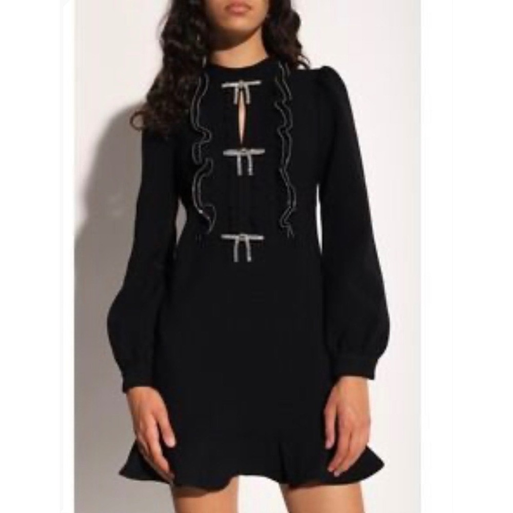 Self-Portrait AW22-108 Black Crepe Ruffled Bib Mini Dress Crystal Bow Size  Xs 0